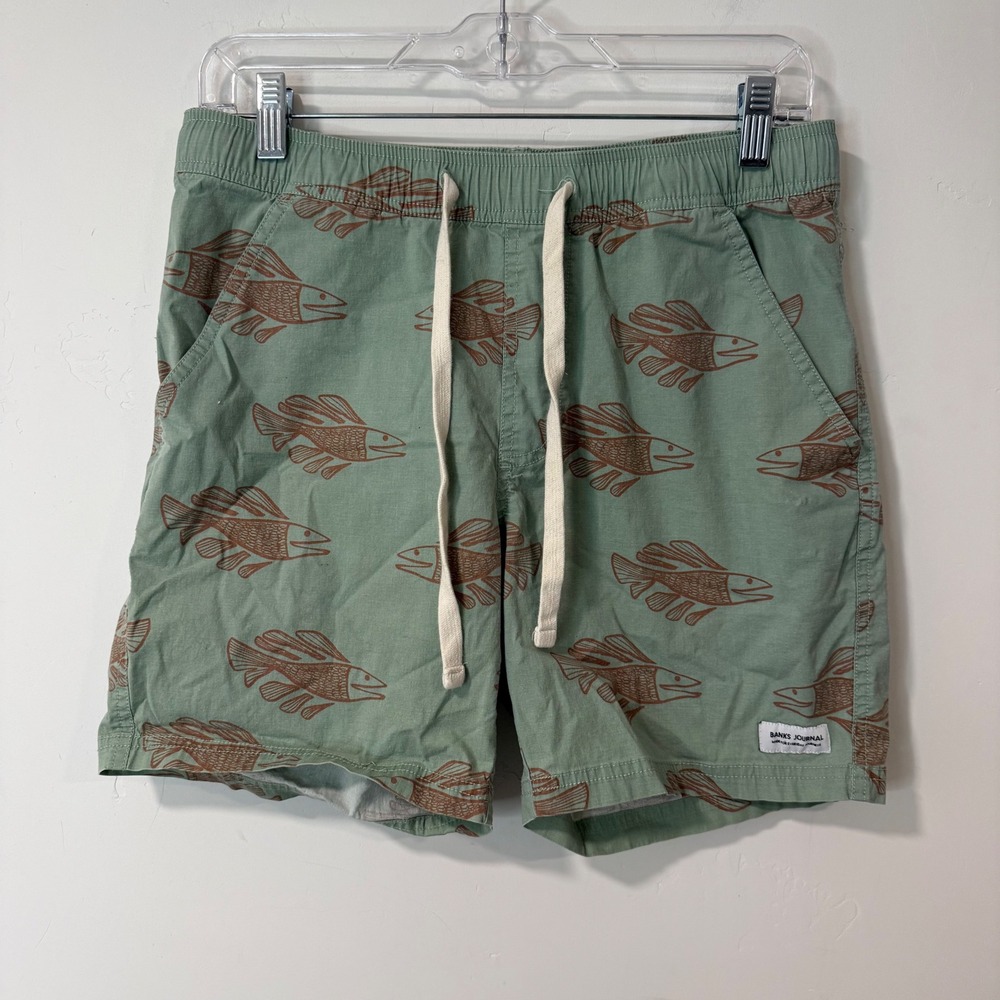 Banks Journal Mens Scales‎ Boardshort Shorts 30 Green Fish Print Cotton 6"